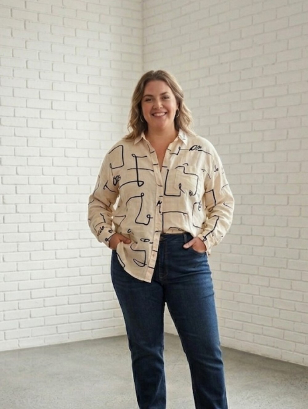 WEWOREWHAT Boyfriend Washable Linen Shirt Abstract Print Medium Large CreamBlack